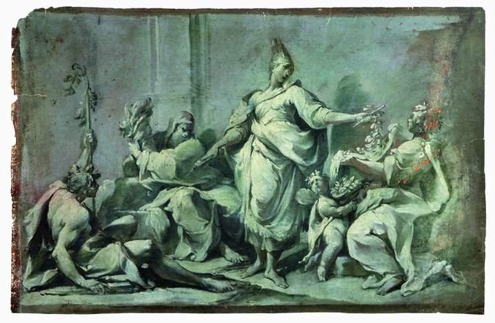  Francesco Monti (Bologna, 1685-Brescia, 1768) Allegoria di una città (1740 ca.) Olio verde e bruno con rialzi in bianco su carta vergellata preparata in rosso mm 280x425 